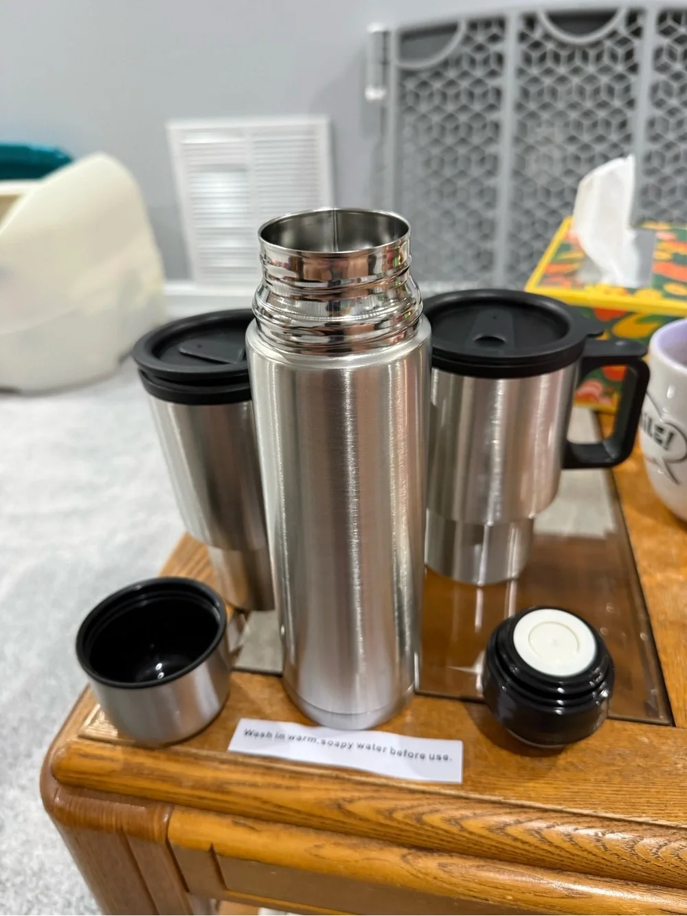 Set of 2 Silver Travel Mugs with Black Lids and Thermos